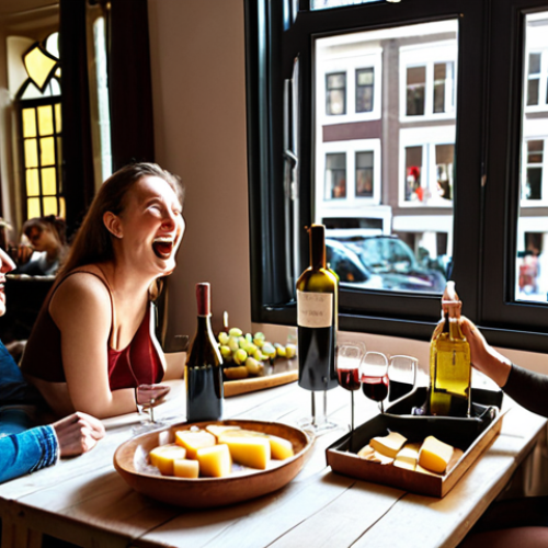 Home 4 **
A brightly lit wine tasting event in Amsterdam. Friends are gathered around a table laden with various bottles of wine and cheese platters. Focus on the diverse group of people laughing and enjoying the experience, showcasing the fun of experimenting with different wines. Dutch architecture visible through a window in the background.
**