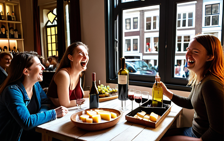 **
A brightly lit wine tasting event in Amsterdam. Friends are gathered around a table laden with various bottles of wine and cheese platters. Focus on the diverse group of people laughing and enjoying the experience, showcasing the fun of experimenting with different wines. Dutch architecture visible through a window in the background.
**